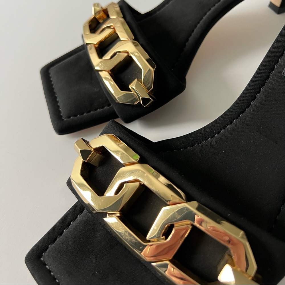 Good American Single Strap Sandals Black Gold Chain 7 - Picture 2 of 3